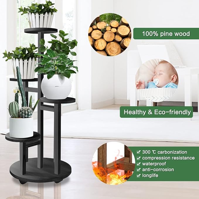 GEEBOBO 5 Tiered Tall Plant Stand for Indoor, Wood Plant Shelf Corner Display Rack, Multi-tier Planter Pot Holder Flower Stand for Living Room Balcony Garden Patio (Black) GEEBOBO
