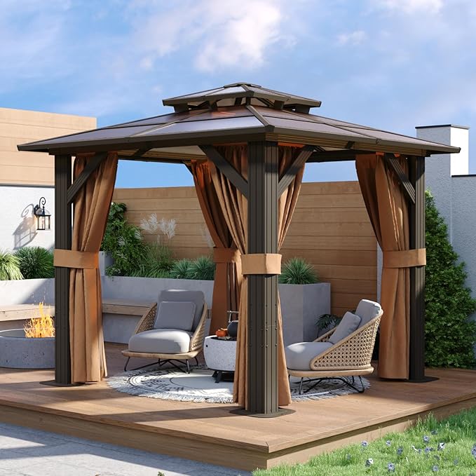 Aoxun 8'x8' Hardtop Gazebo, Aluminum Frame Permanent Pavilion with Curtains and Netting, Outdoor Polycarbonate Double Roof Canopy, Designed for Garden, Lawns, Patio, Brown Aoxun