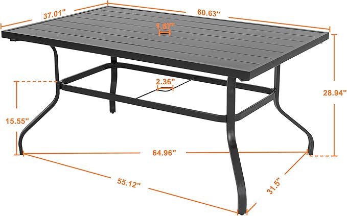 NUU GARDEN Outdoor 61" x 37" Rectangle Dining Table with 1.57" Umbrella Hole, 6-Person Steel Slat Outdoor Patio Table, for Patio, Garden, Backyard and Balcony, Black NUUGARDENCORPORATION
