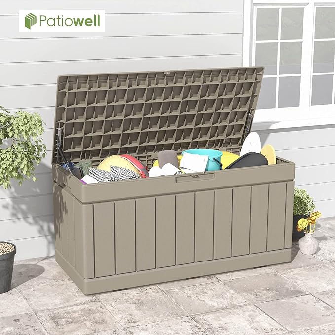 Patiowell 82 Gallon Resin Deck Box, Waterproof Large Wood Look Storage Box for Patio Furniture, Pool Accessories, Garden Tools and Sports Equipment, Lockable, Light Brown Patiowell