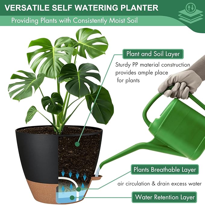2 Pack 10 inch Plant Pots, PP Plastic Self Watering Plant Pot with Drainage and Tray for Indoor Outdoor Plants , Water Level Window & Reservoir Flower Pots Decorative Planter (Black, 10 Inch) Montresor