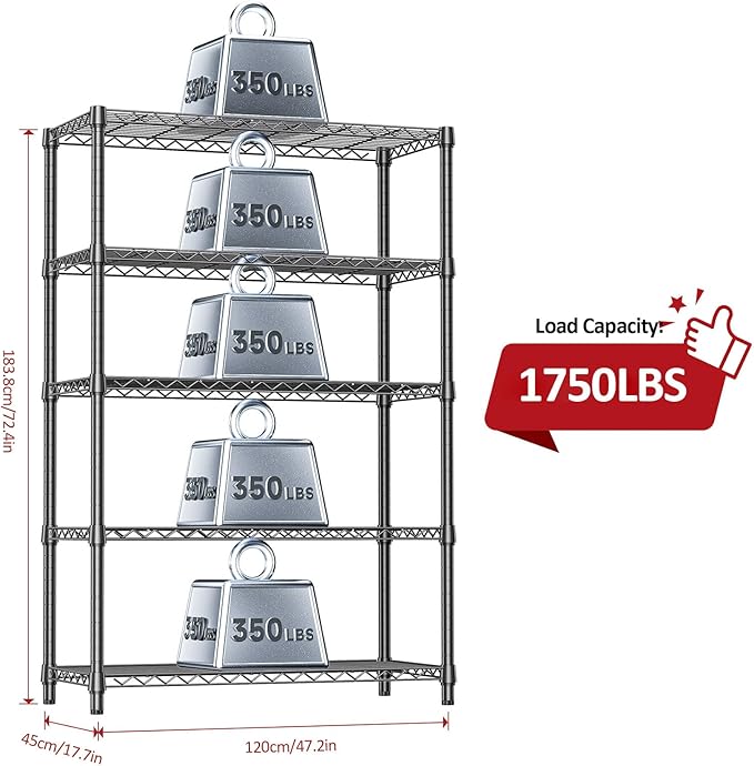 IZEUK 5-Tier Heavy Duty Metal Storage Shelving Unit (Black, 17.7" D x 47.2" W x 72.3" H, 1750 lbs Capacity), Adjustable Steel Wire Rack Shelf Organizer for Garage, Kitchen, Basement, Laundry, Office IZEUK