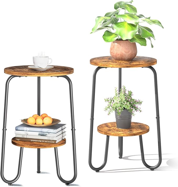 2 Tier Wood Plant Stand Indoor, Small Round Flower Pot Stand, 19.6" Tall Single Plant Holder for Living Room, Balcony, Rustic Brown End Side Table（2 packs） REFGY