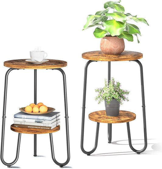 2 Tier Wood Plant Stand Indoor, Small Round Flower Pot Stand, 19.6" Tall Single Plant Holder for Living Room, Balcony, Rustic Brown End Side Table（2 packs） REFGY