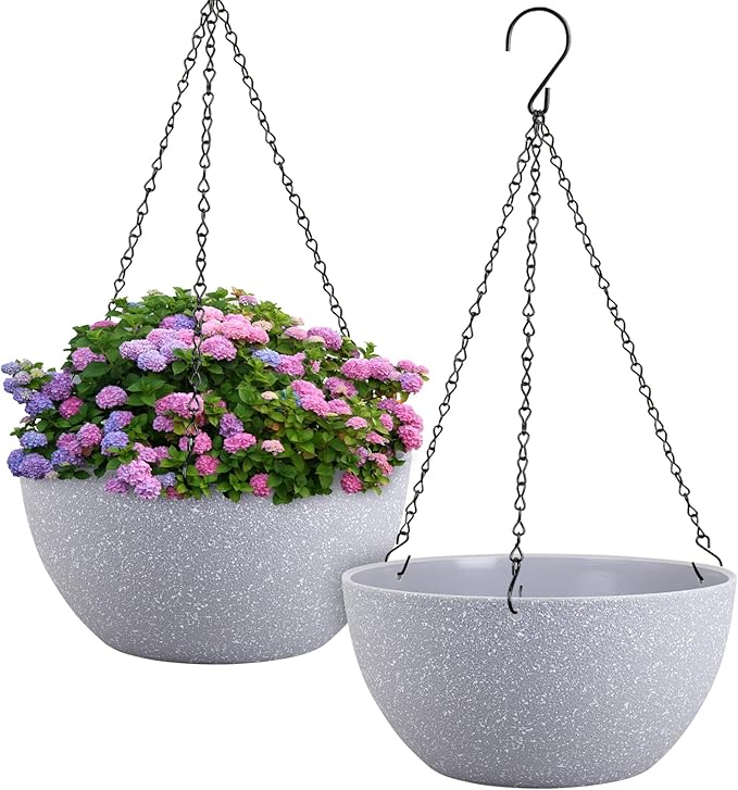 12 inch Large Hanging Planters for Indoor Outdoor Plants, 2 Pack Hanging Flower Pots with Drainage Holes and Chain for Garden Porch, Plastic Hanging Baskets for House Plants, Speckled Grey Meowell