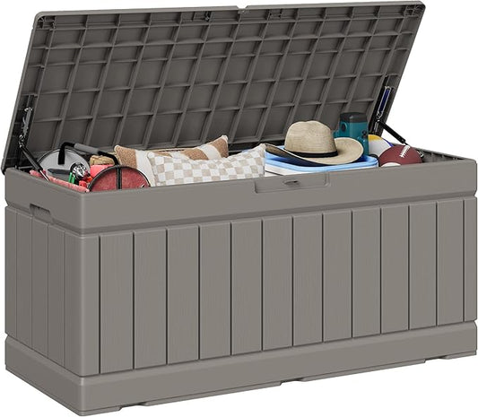JUMMICO 78 Gallon Outdoor Deck Box Large Resin Storage Box for Patio Furniture Cushions and Garden Tools (Light Brown) JUMMICO
