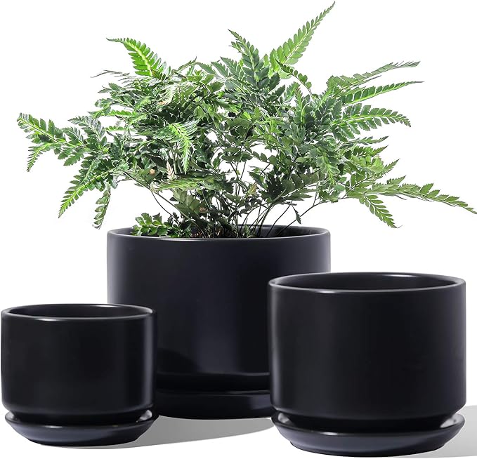 LE TAUCI Ceramic Plant Pots, 4.3+5.3+6.8 inch, Set of 3, Planters with Drainage Hole and Saucer, Indoor Flower Pot with Hole Mesh Pad, Gifts for Mom, Black LETAUCI