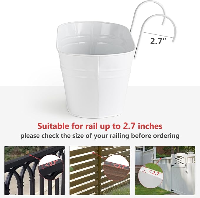 Dahey 5 Pcs Metal Iron Hanging Flower Pots for Railing Fence 15.7 Inch Hanging Bucket Pots Countryside Style Window Flower Plant Holder with Detachable Hooks for Garden Yard Home Decor, White Dahey