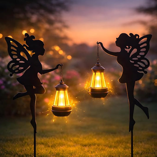 Solar Fairy Garden Accessories Outdoor 1 Pair - Metal Stakes Decorative Figurines Housewarming Ornament for Patio, Lawn, Yard, Pathway - Unique Gift Ideas for Gardening Mom Grandma (Warm Lighting) PowerUpwiththeSun