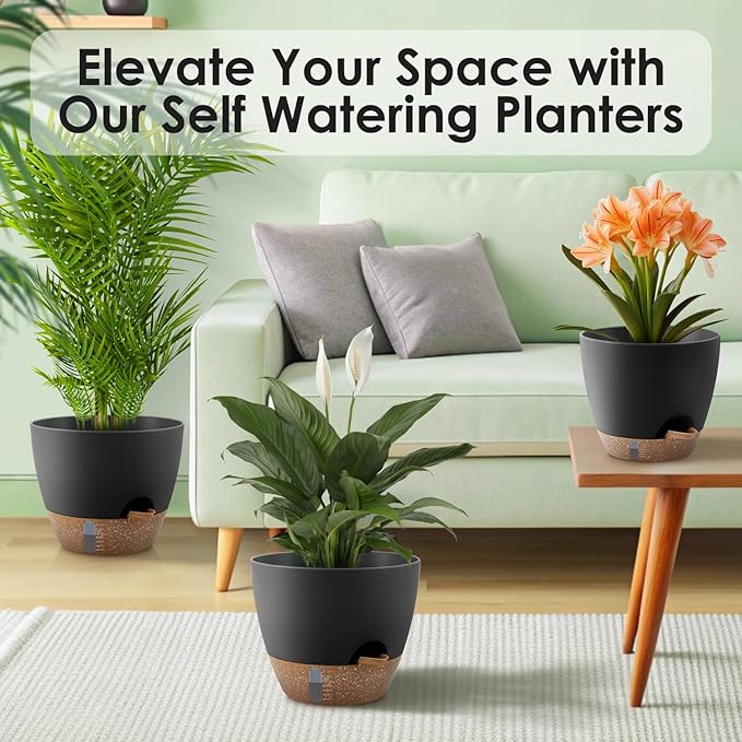 Self-Watering Plant Pots with Water Level Indicator, Drainage Holes & Saucers – 12/10/9 Inch Large Plastic Planter Set for Indoor & Outdoor Plants(Black) QRRICA