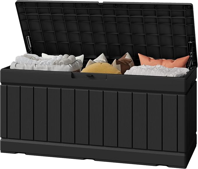 Greesum Outdoor Storage Box 82 Gallon Storage Bin with Lid for Patio Furniture, Garden Tools, Pool Supplies, Waterproof and UV Resistant, Lockable, Black BuynowfromGreesum
