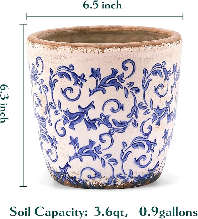 Vintage Ceramic Planter Without Drainage Hole, 6.5 Inch - Indoor/Outdoor Flower Pot for Orchids, Succulents, Blue Floral Rustic Farmhouse Plant Pot for Home, Office & Garden Décor, Ideal Gift TEWEIQI