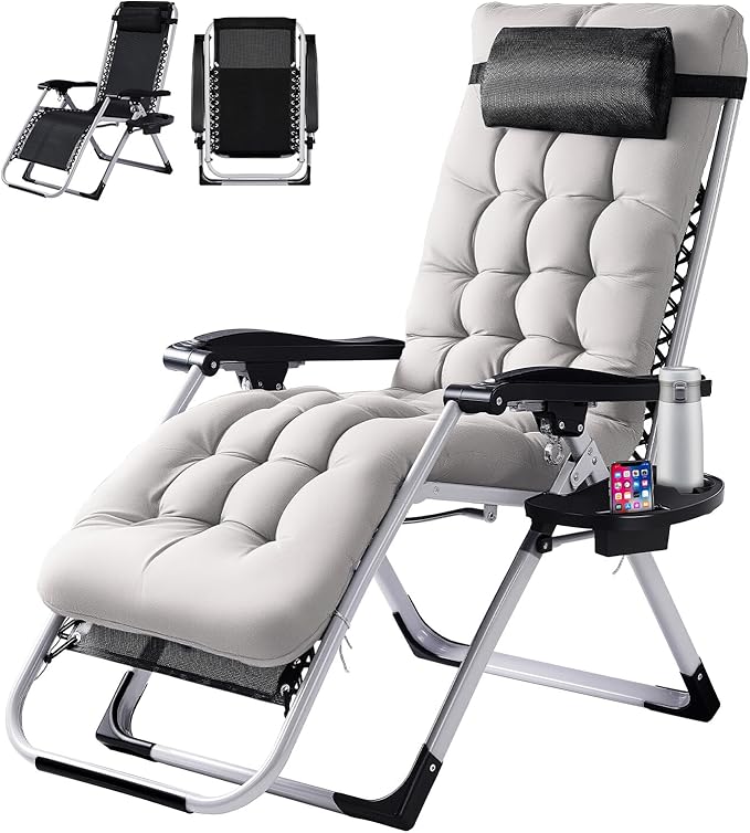 VINGLI Padded Zero Gravity Chair, Lounge Chair with Removable Cushion & Tray， Folding Reclining Patio Chairs， Recliner Chair for Lawn，Indoor and Outdoor VINGLI