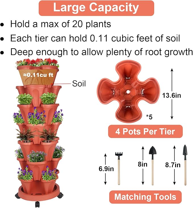 GameXcel Vertical Planter 7 Tier Stackable Planters Garden Planters Strawberry Herb Flower and Vegetable Planter Indoor Outdoor Gardening Pots with Removable Wheels and Tools - Red GameXcel