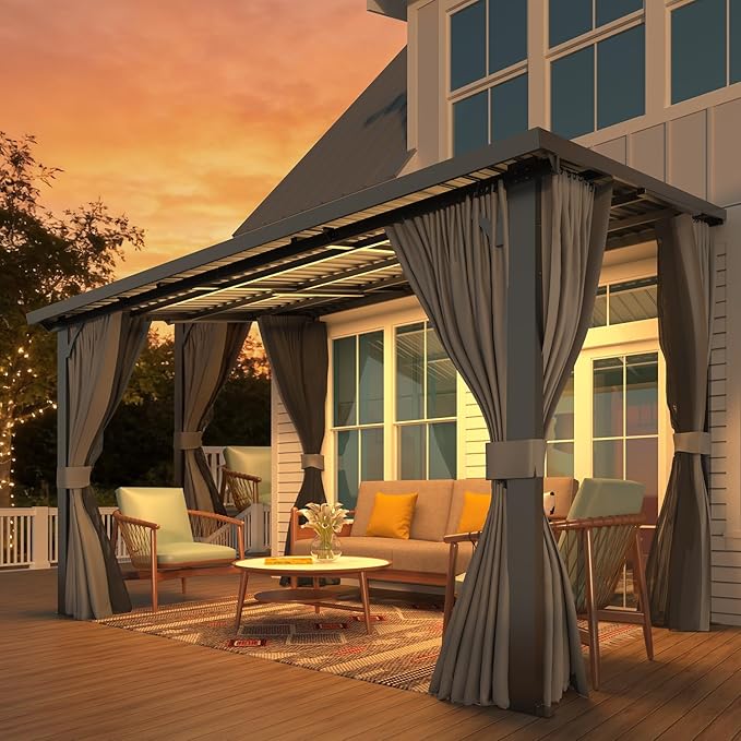AECOJOY 12'x8' Outdoor Hardtop Gazebo Pergola with Curtains and Netting for Patio, Large 8x12 Steel Heavy Duty Lean to Wall-Mounted Pergolas and Grill Gazebos Clearance, Metal Roof Awnings for Decks AECOJOY