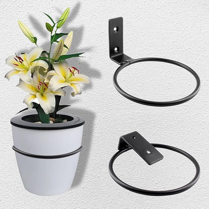 2 Pack 8 inch(203mm) Flower Pot Holder Ring, Flower Pot Holder Ring Wall Mounted Set Wall Mounted Metal Planter Hanger Matte Black Hanging Plant Holder Jiozermi