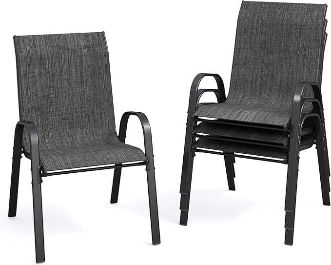 Patio Dining Chairs Set of 4, Stackable Dining Chairs High Back, Breathable Seat Fabric and Alloy Steel Frame Fit Backyard, Porch, Lawn，Poolside (Dark Grey) VonzoyHome