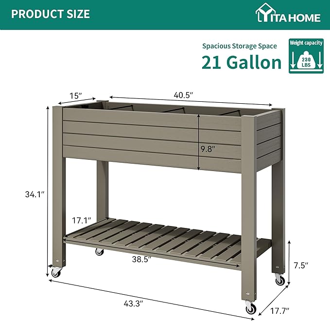YITAHOME 43.3x17.7x34 in Elevated Garden Bed, Outdoor Plastic Planter Box with Wheels, Legs, Drain Plug, and Storage Shelf for Plants, Vegetables, Flowers, Herbs, Light Brown YITAHOME