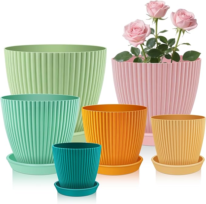 SupKing Plant Pots with Drainage Saucers 7.5/6.7/6/5/4/3.5 Inch Set of 6,Plastic Flower Pots Planters with Multi Mesh Drainage Holes Multicolor Nursery Planting Pot for Indoor Outdoor Garden Plants SupKing