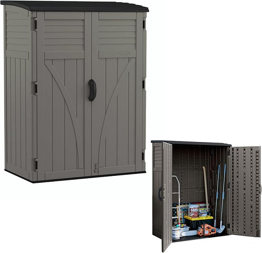 Suncast Outdoor Storage Cabinet Waterproof Resin Vertical Outdoor Storage Shed (54 cu. ft.) for Patio, Garden Tools, Cushions, & Equipment. Weatherproof Plastic Multi-Wall Design, Capacity Made in USA Suncast