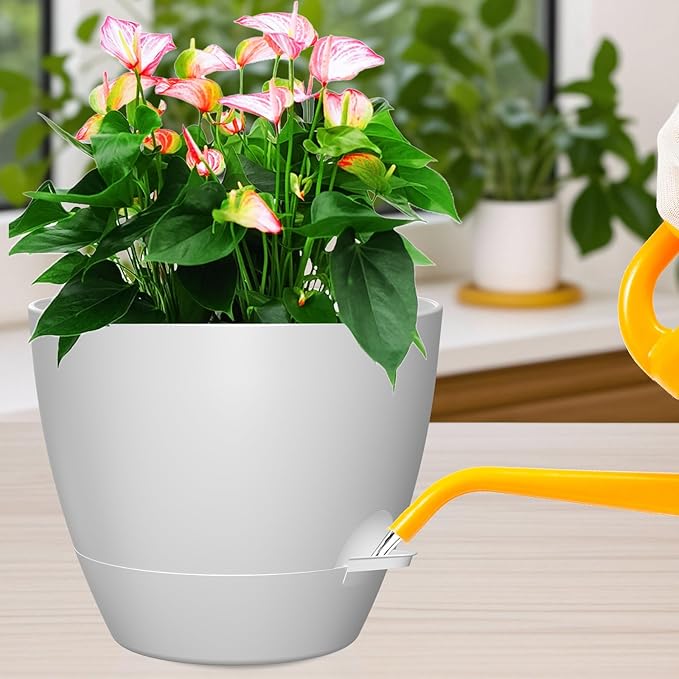 12 Inch Large Self Watering Pots, Flower Pots with Multi-Mesh Drainage Holes and Saucer, Planters for Indoor and Outdoor Garden Plants (White) Rootora