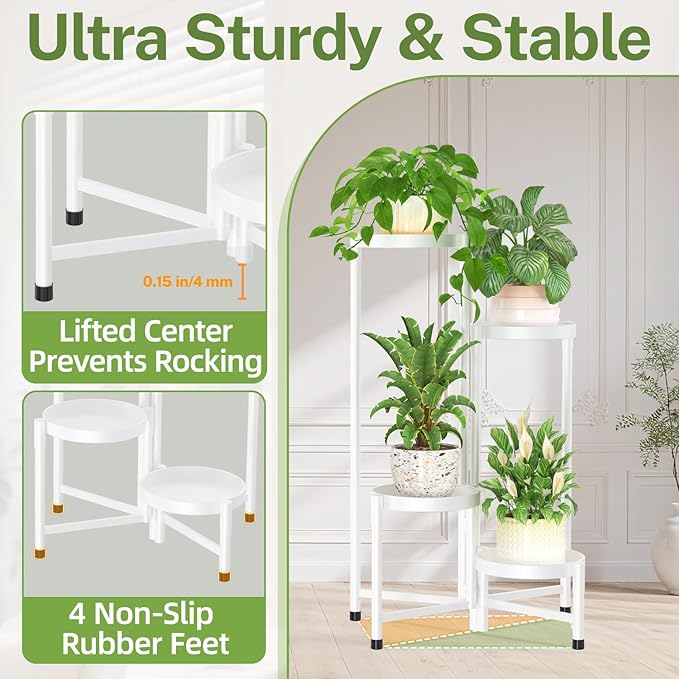 iDavosic.ly Plant Stand Indoor Outdoor, 4 Tier Corner Metal Flower Display Holder Shelf, Easy Assembly Folding Tall Orchid Rack for Patio Balcony Porch Garden Living Room House, White iDavosicly