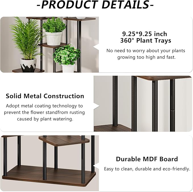 AZERPIAN Plant Stand 7 Tier Indoor Metal Flower Shelf for Multiple Plants Corner Tall Flower Holders for Patio Garden Living Room Balcony Bedroom, Black Oak AZERPIAN
