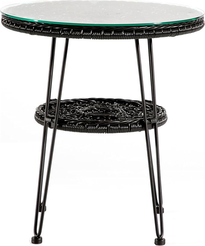 Furniture of America Ysar Boho 19-inch Round Coffee Table Outdoor with Tempered Glass Top and Metal Frame, Handcrafted Coastal Furniture for Patio, Poolside, Garden, Yard, Black FurnitureofAmerica