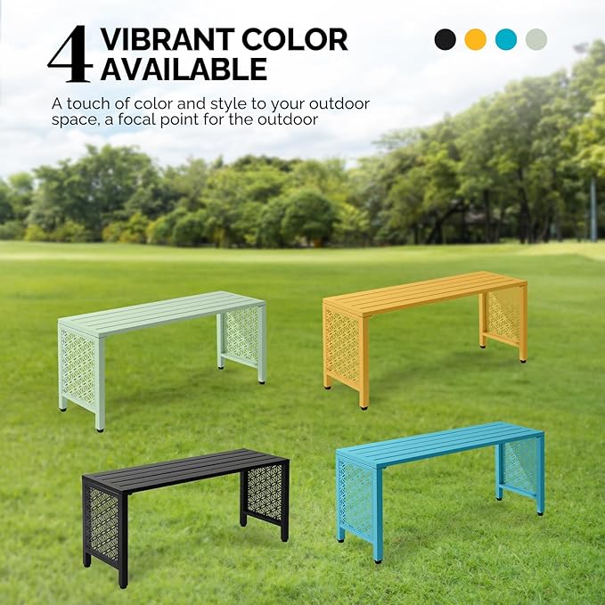 VINGLI 40in Outdoor Metal Bench, All-Weathe Backless Patio Bench with Slatted Seat＆Floral Side Panels, Rust-Resistant Garden Bench, Weatherproof Outdoor Seating for Porch Entryway Backyard (Black) VINGLI