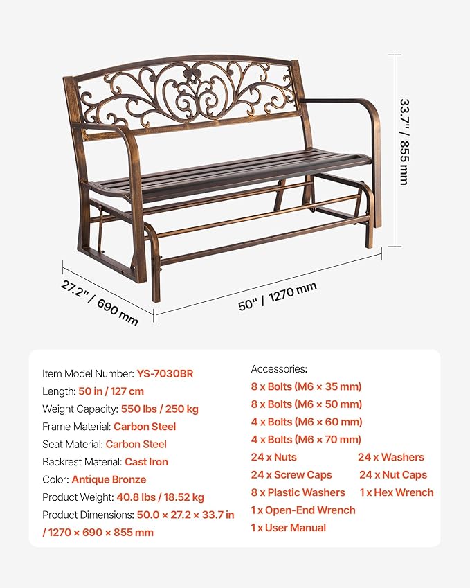 VEVOR Outdoor Bench, 50 inch, Carbon Steel Metal Frame with Cast Iron Backrest and Round Edge Armrests, Weatherproof Outside Glider Bench for Patio, Garden, Park, Yard, Front Porch, Antique Bronze VEVOR