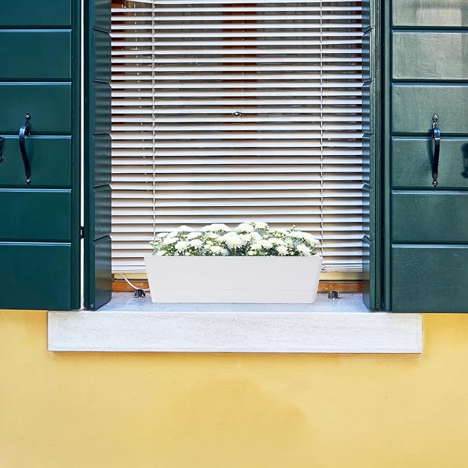 GREANER Herb Planter with Tray, 1 Pack 12x3.8 Inch Rectangle Window Box, Indoor Succulent Flowers Succulent Plastic Pot for Windowsill, Garden, Balcony, Office Outdoor Decoration - White GREANER