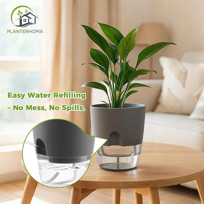 8 Pack Self Watering Pots for Indoor Plants, PlanterHoma 3.2 Inch Plant Pot Plastic Self Watering Planter for Orchid, African Violet, Mini Clear Flower Pots with Drainage Holes and Wicking Rope, Grey Planterhoma
