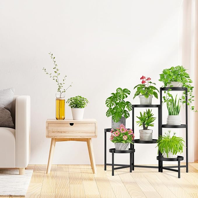 iDavosic.ly 7 Tier Large Plant Stand Indoor with 10 Inch Wide Tray, Tiered Corner Metal Outdoor Flower Display Holder Shelf, Folding Tall Rack for Patio Porch Living Room, Modern Black iDavosicly