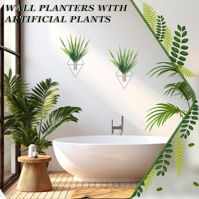 2 Pieces Wall Decor Hanging Planters with Artificial Plants Metal Hanging Vase Indoor Plants Holder Modern Boho Wall Art for Bathroom Bedroom Living Room Decor(Silver,Boston Fern) Canlierr