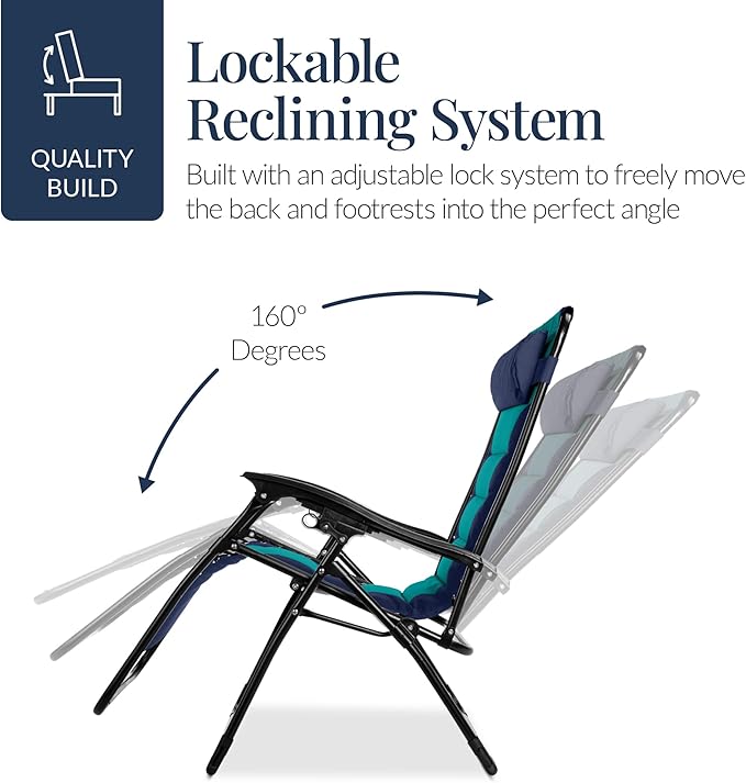 Best Choice Products Oversized Padded Zero Gravity Chair, Folding Outdoor Patio Recliner, XL Anti Gravity Lounger for Backyard w/Headrest, Cup Holder, Side Tray, Polyester Mesh - Navy/Teal BestChoiceProducts