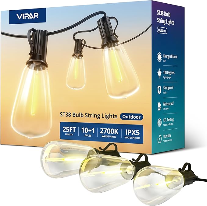 VIPAR Outdoor String Lights 25FT LED Patio Lights IPX5 Waterproof with 10+1 ST38 Shatterproof Edison Bulbs, 2700K Connectable Outside Hanging Light for Porch, Garden, Backyard, Deck, Balcony, Decor VIPAR