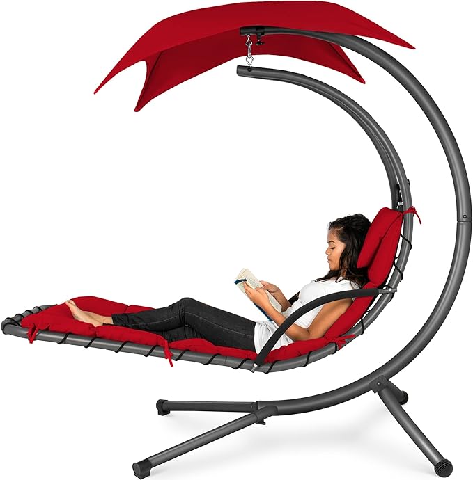 Best Choice Products Outdoor Hanging Curved Steel Chaise Lounge Chair Swing w/Built-in Pillow and Removable Canopy - Red BestChoiceProducts