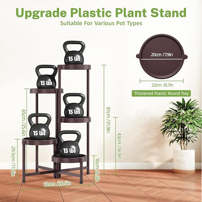 iDavosic.ly 5 Tier Folding Plant Stand Indoor Outdoor with Plastic Tray, Tiered Corner Flower Holder Shelf, Metal Orchid Display Rack for Patio Porch Living Room Garden Balcony, Bronze iDavosicly