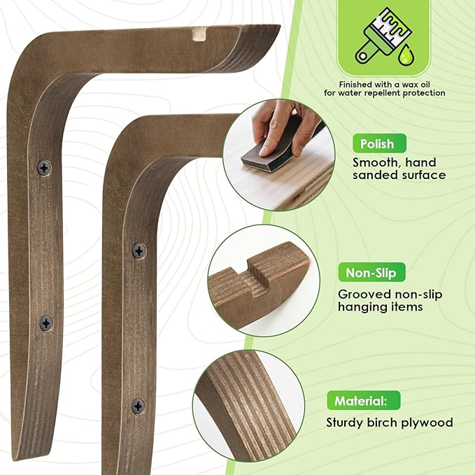USION Wooden Plant Hangers Indoor Wall Mount, 8.6-Inch Hanging Plant Hooks for Wall, Basket Hooks for Lanterns, Flower Bracket, Wind Chimes, Light, Bird Feeders Decoration (Brown 4PCS) usion
