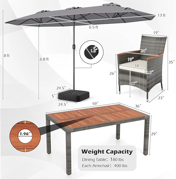 Tangkula 9 Piece Rattan Outdoor Dining Set with 13Ft Umbrella for 6, Outdoor Wicker Table Set with 6 Cushioned Armchairs, Acacia Wood Top, Outdoor Umbrella & with Base Included TANGKULA