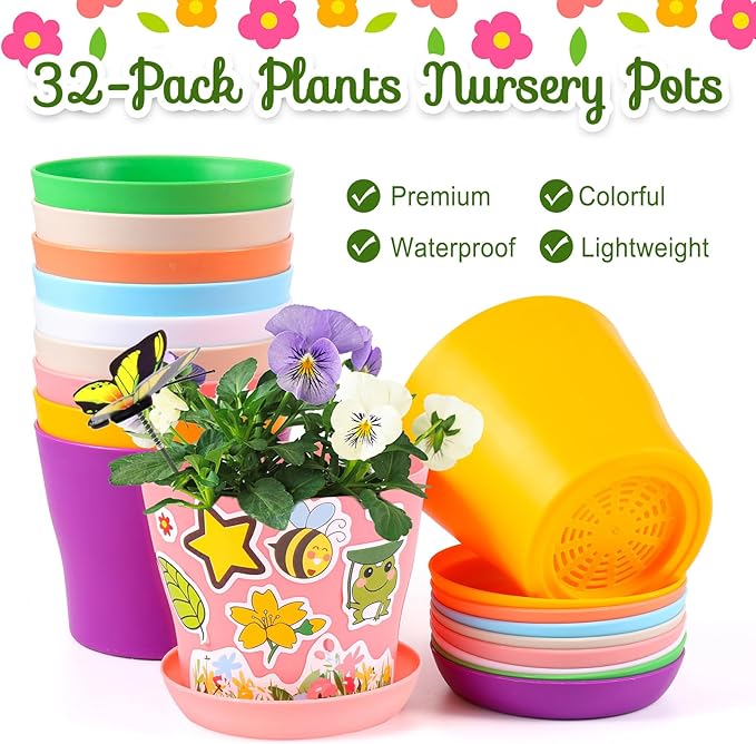 32 Set Garden Plastic Pot Craft Kit DIY Flower Plant Crafts Nursery Pots with Stickers Flower Planting Growing Kit for Spring Summer Home Classroom School Creative DIY Art Project Activities Aweyka