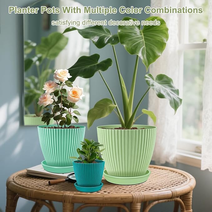 SupKing Plant Pots with Drainage Saucers 7.5/6.7/6/5/4/3.5 Inch Set of 6,Plastic Flower Pots Planters with Multi Mesh Drainage Holes Multicolor Nursery Planting Pot for Indoor Outdoor Garden Plants SupKing