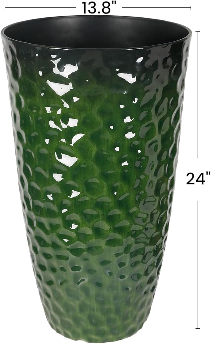 Worth 2 Pack 24" Tall Large Plastic Planter with Drainage Hole, Round Decorative Flower Plant Pit for Indoor or Outdoor Gardening, Glossy Green WORTH