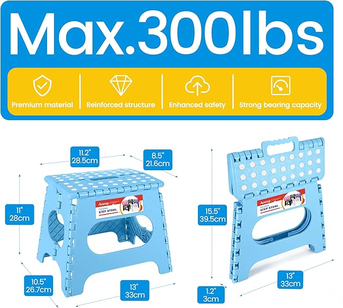 ACSTEP Folding Step Stool for Adults 11 Height Lightweight Plastic Stepping Stool Foldable Step Stool Hold up to 300lbs Non Slip Collapsible Stool Blue ACSTEP
