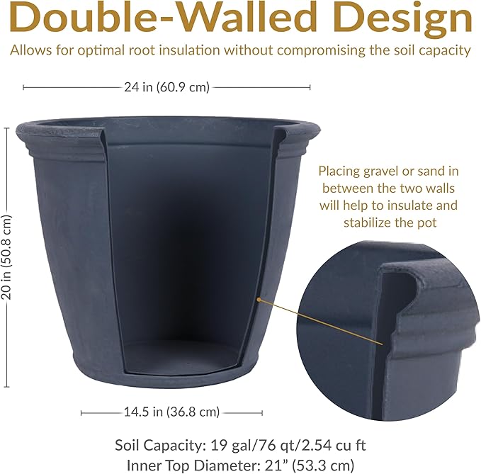 Sunnydaze 24-Inch Anjelica Large Plastic Pot for Plants - Outdoor Double-Walled Large Plastic Planter with Drillable Drainage Holes - Slate - 2pk SunnydazeDecor