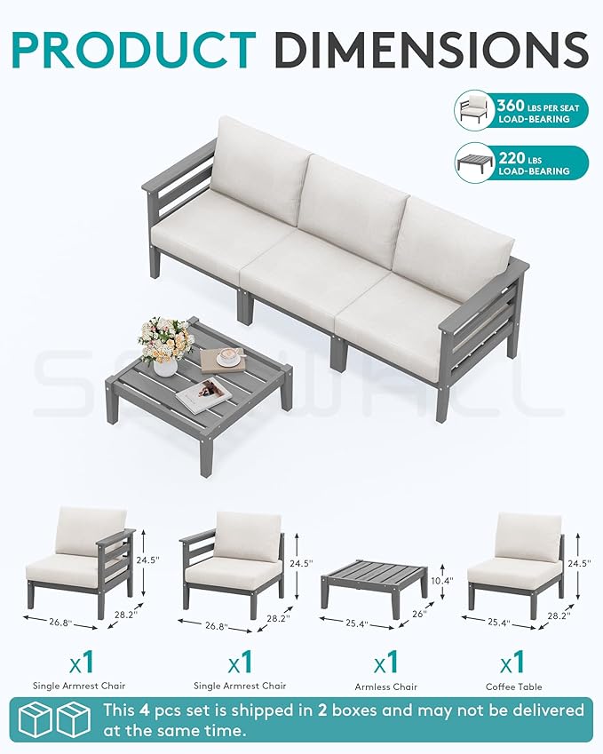 SERWALL HDPE Patio Furniture Set, 4 Pieces Outdoor Sectional Sofa Set, All-Weather Wood-Like Outdoor Sofa Couch with Coffee Table for Deck, Lawn, Grey Frame with Khaki Cushion SERWALL