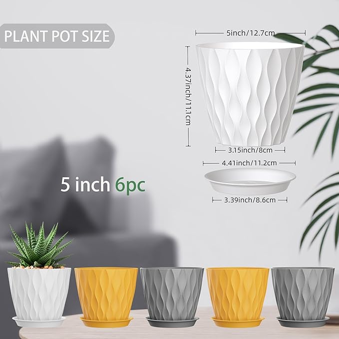5 Inch Planter Pots, 6 Pack Indoor Planters, Small Flower Pots with Drainage Holes and Tray for Succulents, Orchids, Herbs and Other Indoor Plants (Orange+Grey+White, 5inch) SQKH