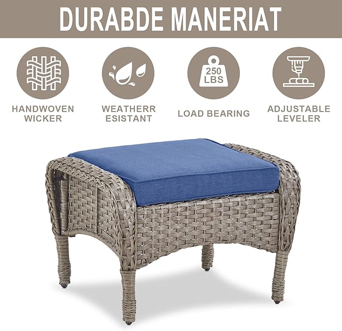 Belord Outdoor Ottomans for Patio Foot Rest - 25 Inch PE Wicker Foot Stool Set of 2 with Removable Cushions for Patio Furniture Sets,All Weather Rattan Ottoman for Balcony Deck Backyard Brown Belord