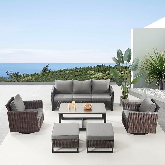 Belord 6 Piece Outdoor Furniture Patio Wicker Sofa Set, Oversize Outdoor Swivel Rocker Chairs with Rattan Ottomans, Conversation Sets Patio Furniture Come with Removable Washable Blue Cushion Belord