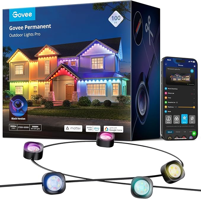 Govee Permanent Outdoor Lights Pro, 100ft with 60 RGBIC LED Lights for Daily and Accent Lighting, 75 Scene Modes for Outdoor Decor, IP67 Waterproof, Works with Alexa, Google Assistant, Matter, Black Govee